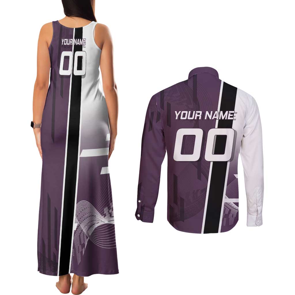 Personalized Shinazugawa Genya Demon Slayer Badminton Couples Matching Tank Maxi Dress and Long Sleeve Button Shirt with Racket Action Pose and Purple Black Graphic Design - The Mazicc
