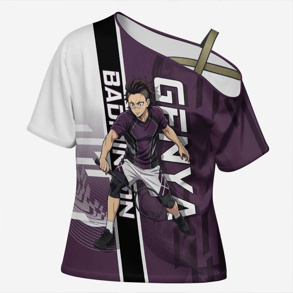 Personalized Shinazugawa Genya Demon Slayer Badminton Cross Shoulder Shirt with Racket Action Pose and Purple Black Graphic Design - The Mazicc
