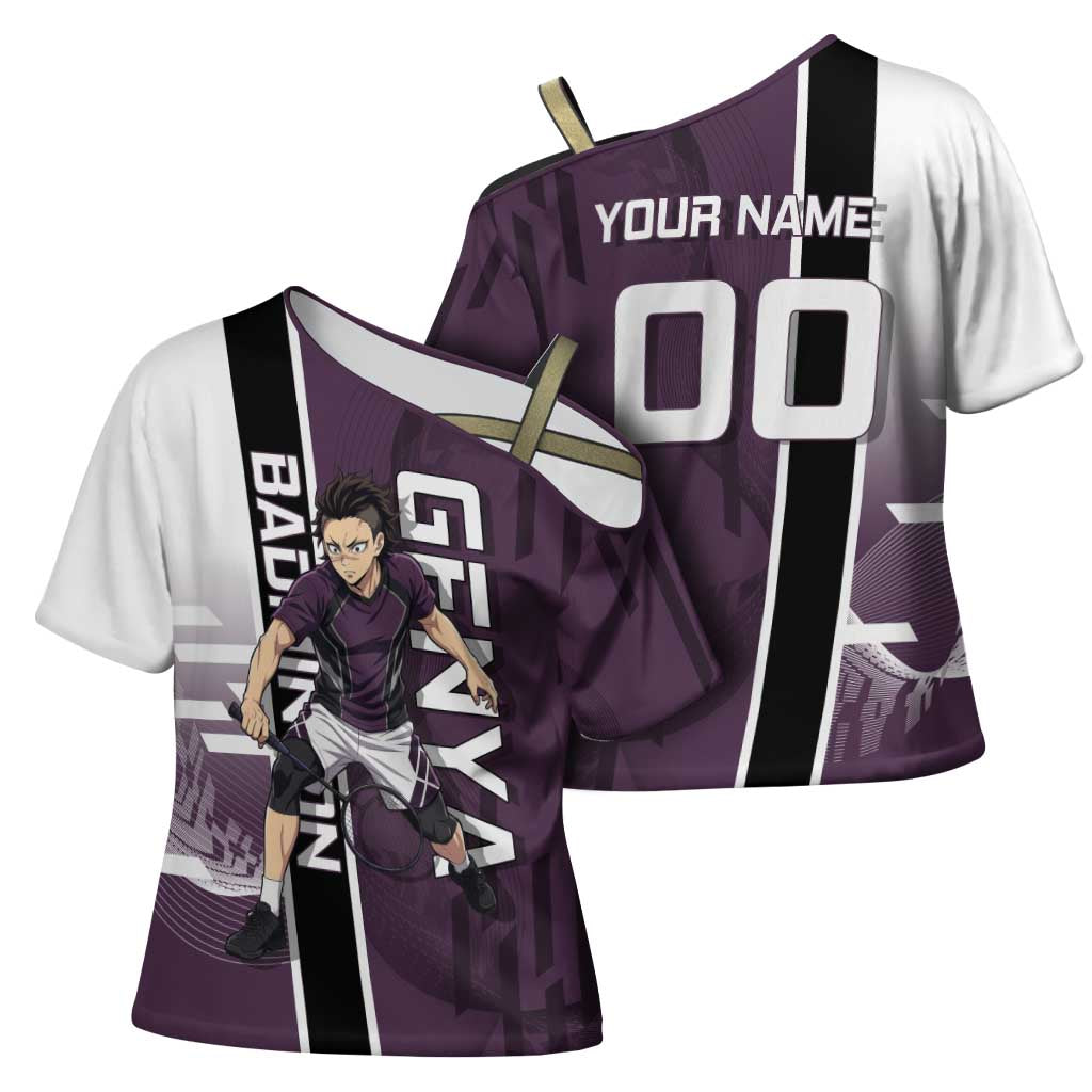 Personalized Shinazugawa Genya Demon Slayer Badminton Cross Shoulder Shirt with Racket Action Pose and Purple Black Graphic Design - The Mazicc
