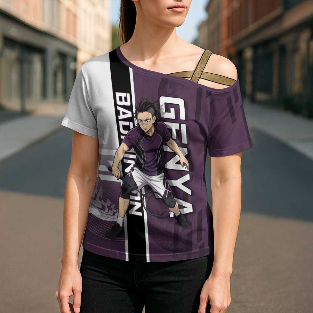 Personalized Shinazugawa Genya Demon Slayer Badminton Cross Shoulder Shirt with Racket Action Pose and Purple Black Graphic Design - The Mazicc
