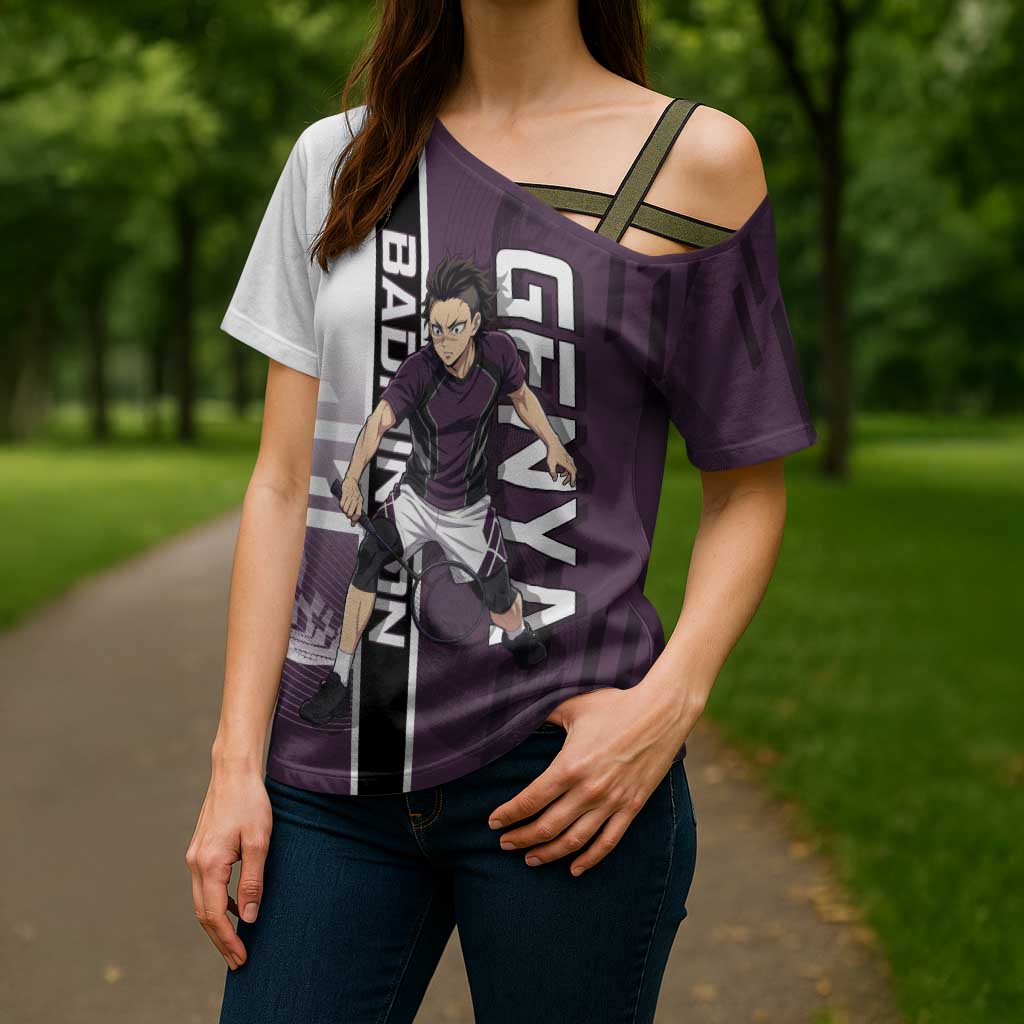 Personalized Shinazugawa Genya Demon Slayer Badminton Cross Shoulder Shirt with Racket Action Pose and Purple Black Graphic Design - The Mazicc