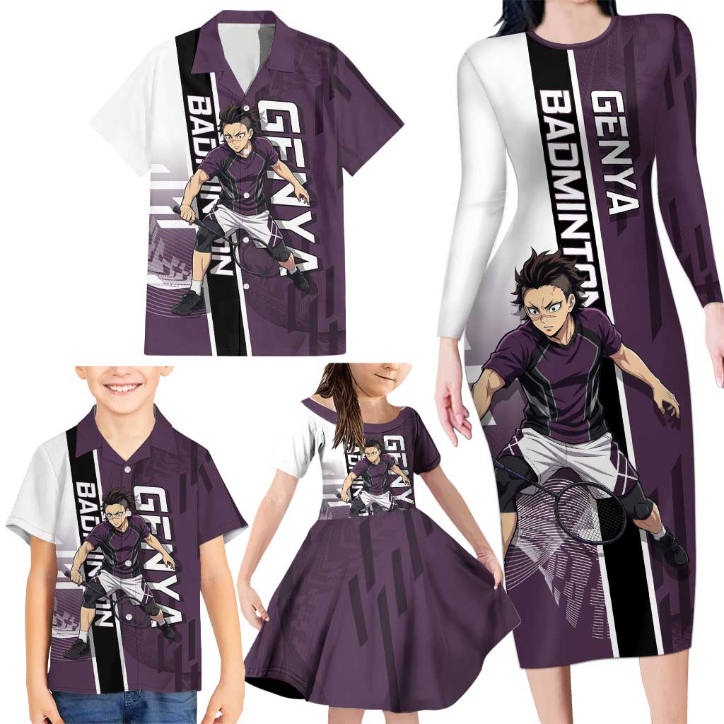 Personalized Shinazugawa Genya Demon Slayer Badminton Family Matching Long Sleeve Bodycon Dress and Hawaiian Shirt with Racket Action Pose and Purple Black Graphic Design