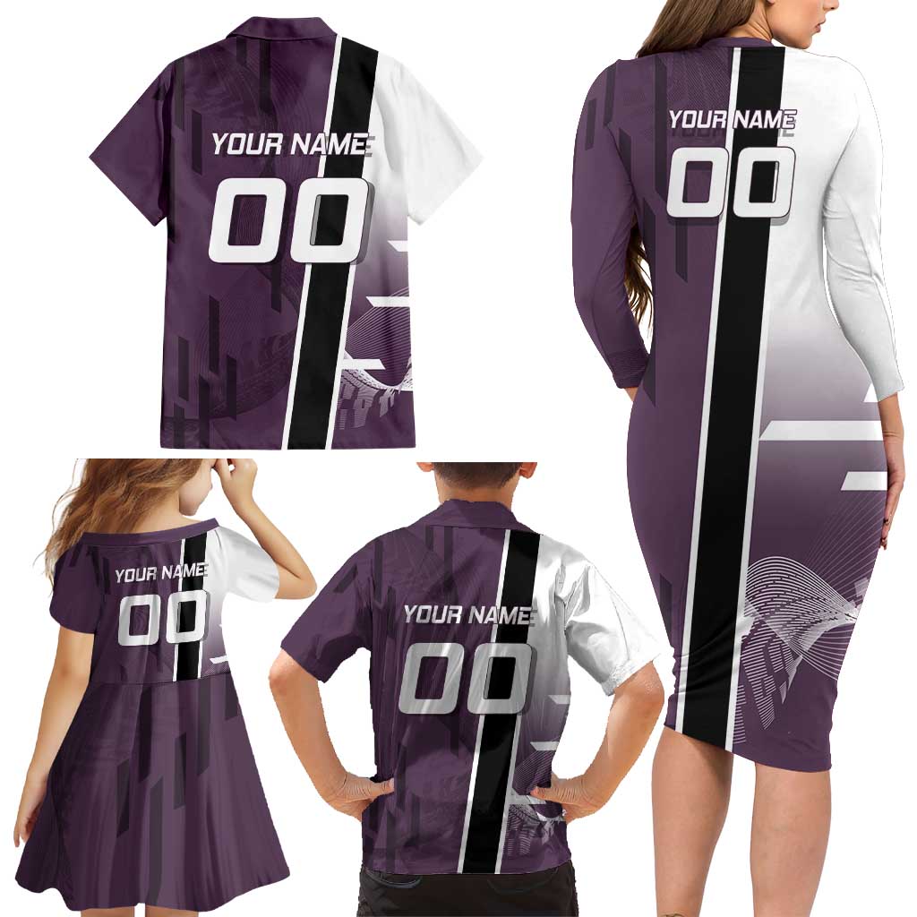 Personalized Shinazugawa Genya Demon Slayer Badminton Family Matching Long Sleeve Bodycon Dress and Hawaiian Shirt with Racket Action Pose and Purple Black Graphic Design