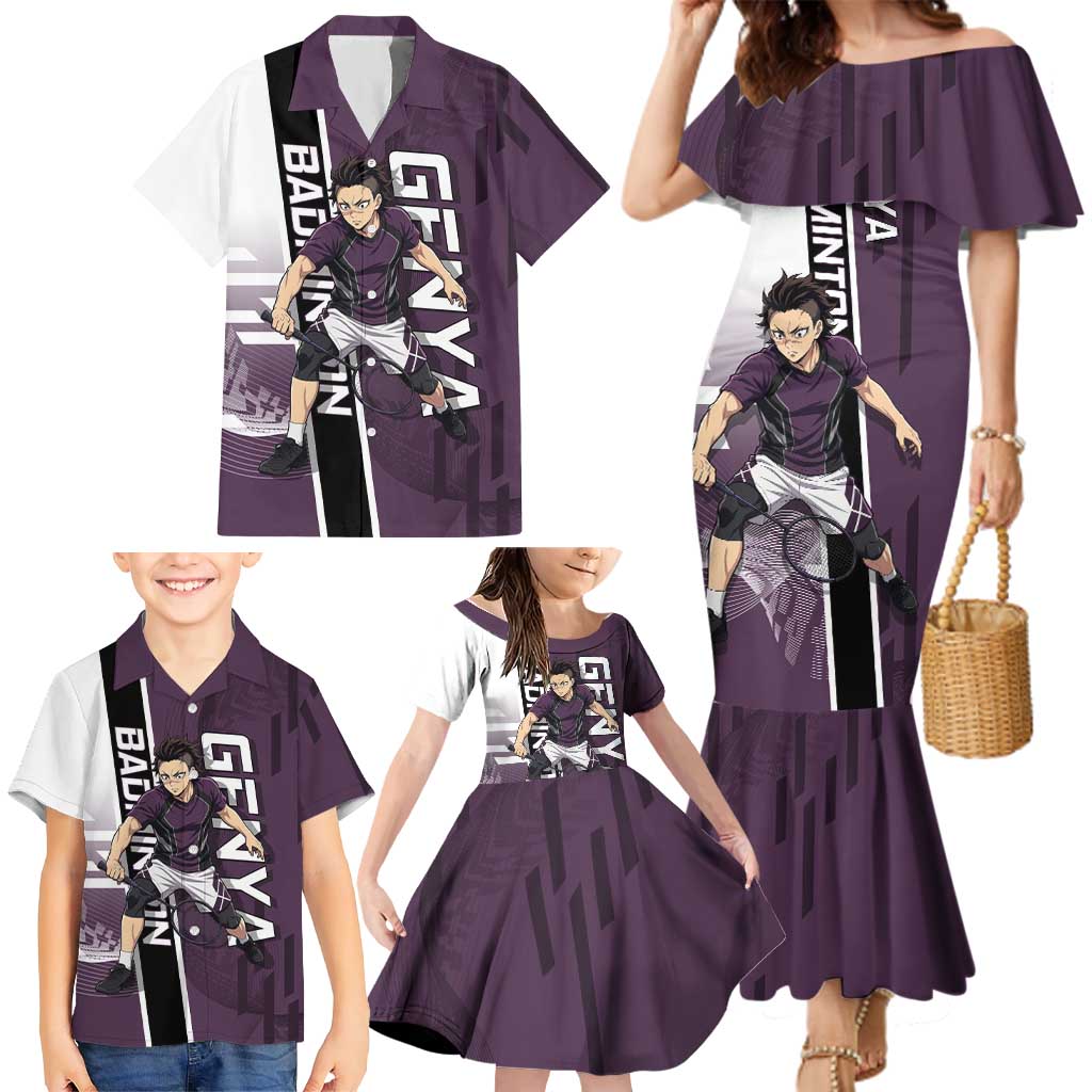 Personalized Shinazugawa Genya Demon Slayer Badminton Family Matching Mermaid Dress and Hawaiian Shirt with Racket Action Pose and Purple Black Graphic Design