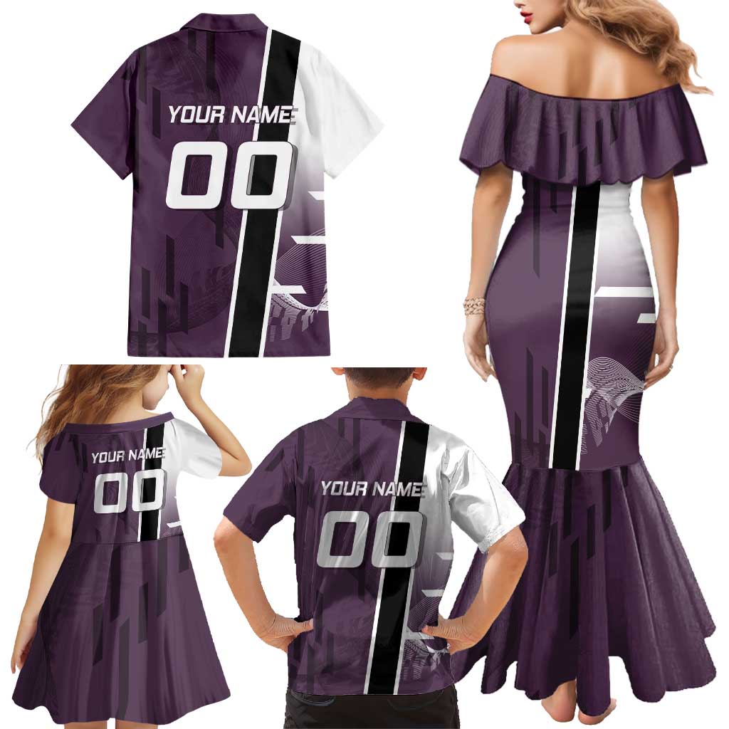 Personalized Shinazugawa Genya Demon Slayer Badminton Family Matching Mermaid Dress and Hawaiian Shirt with Racket Action Pose and Purple Black Graphic Design