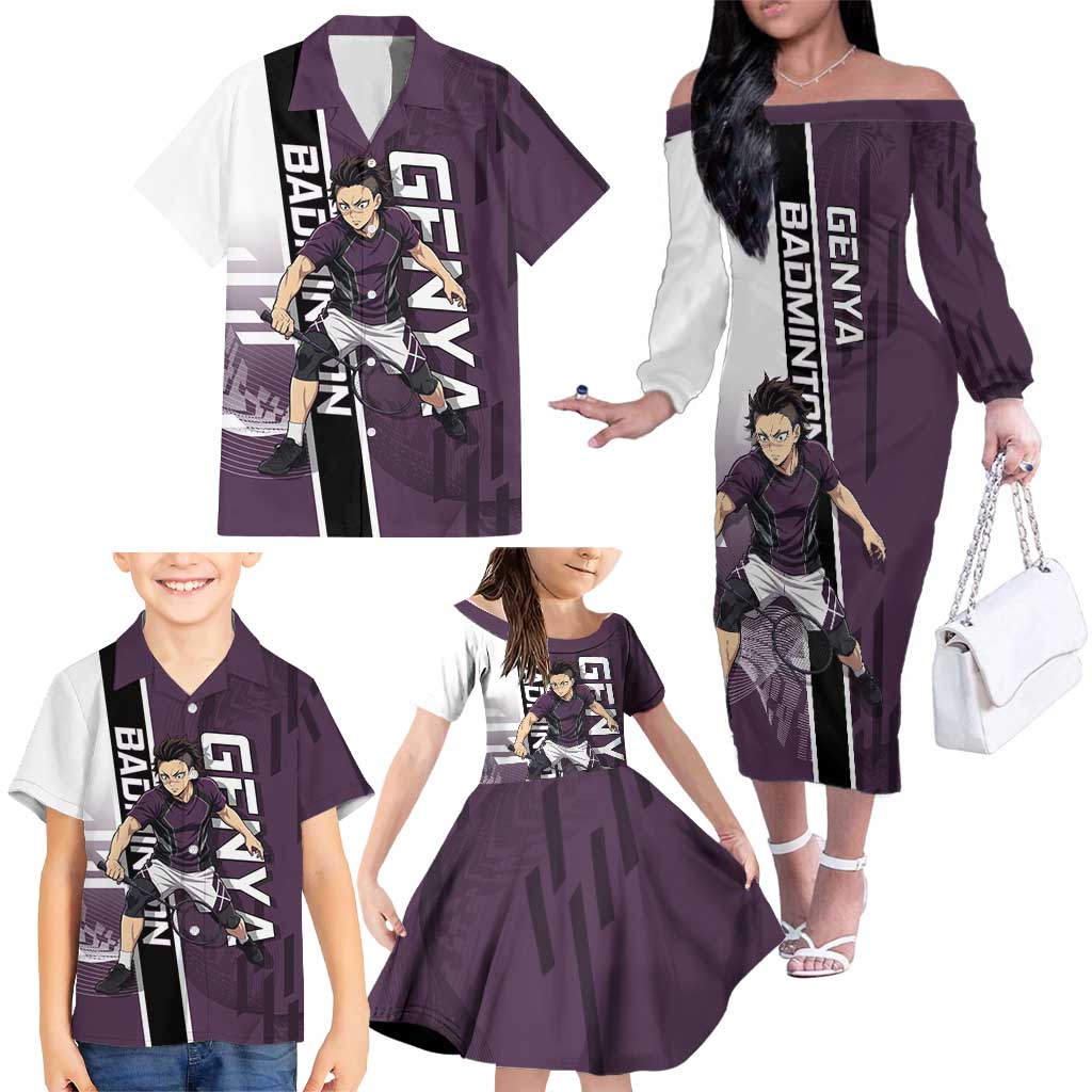 Personalized Shinazugawa Genya Demon Slayer Badminton Family Matching Off The Shoulder Long Sleeve Dress and Hawaiian Shirt with Racket Action Pose and Purple Black Graphic Design