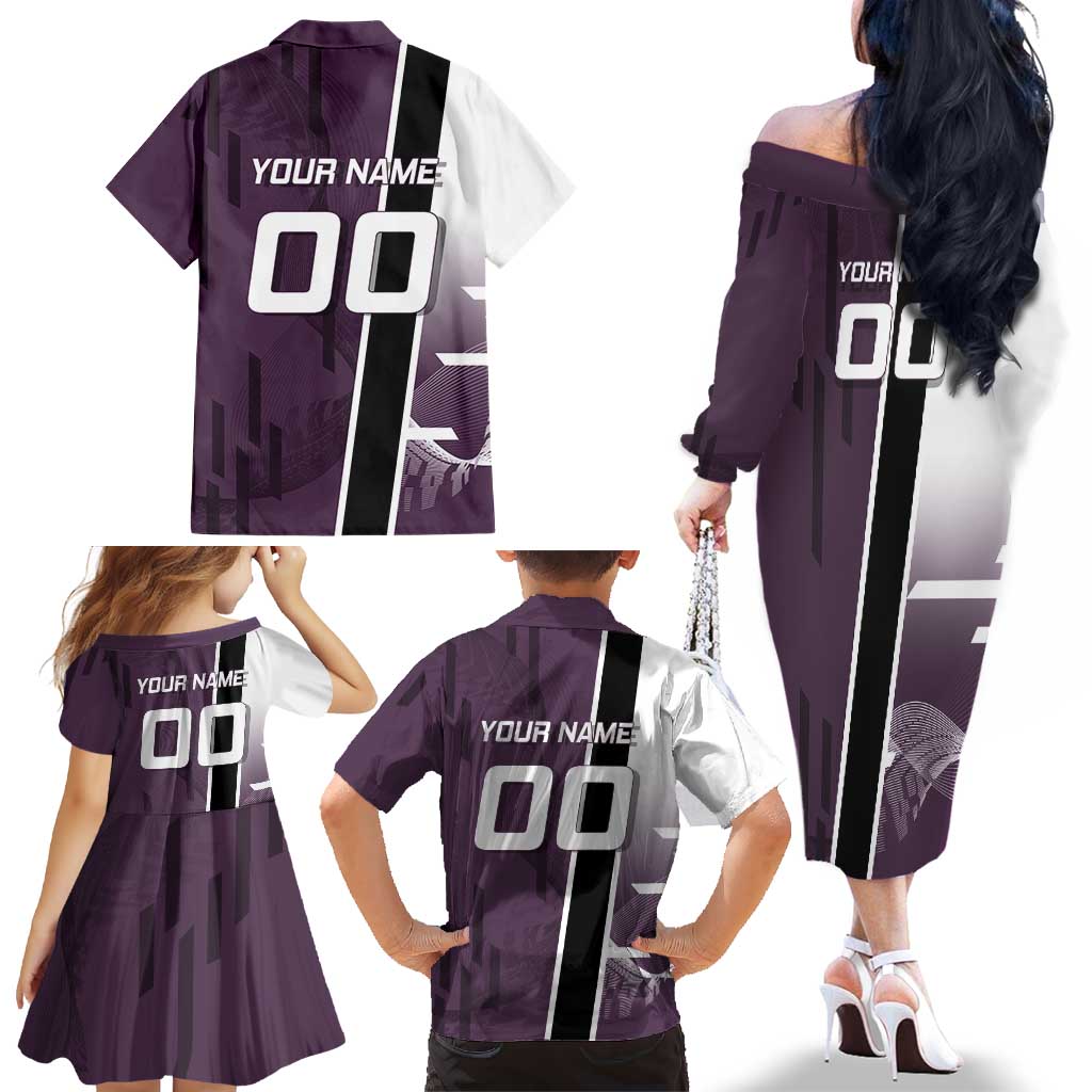Personalized Shinazugawa Genya Demon Slayer Badminton Family Matching Off The Shoulder Long Sleeve Dress and Hawaiian Shirt with Racket Action Pose and Purple Black Graphic Design