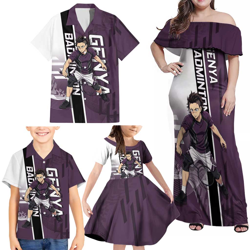 Personalized Shinazugawa Genya Demon Slayer Badminton Family Matching Off Shoulder Maxi Dress and Hawaiian Shirt with Racket Action Pose and Purple Black Graphic Design