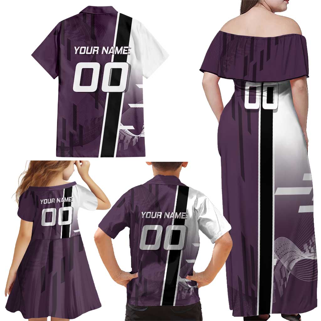 Personalized Shinazugawa Genya Demon Slayer Badminton Family Matching Off Shoulder Maxi Dress and Hawaiian Shirt with Racket Action Pose and Purple Black Graphic Design