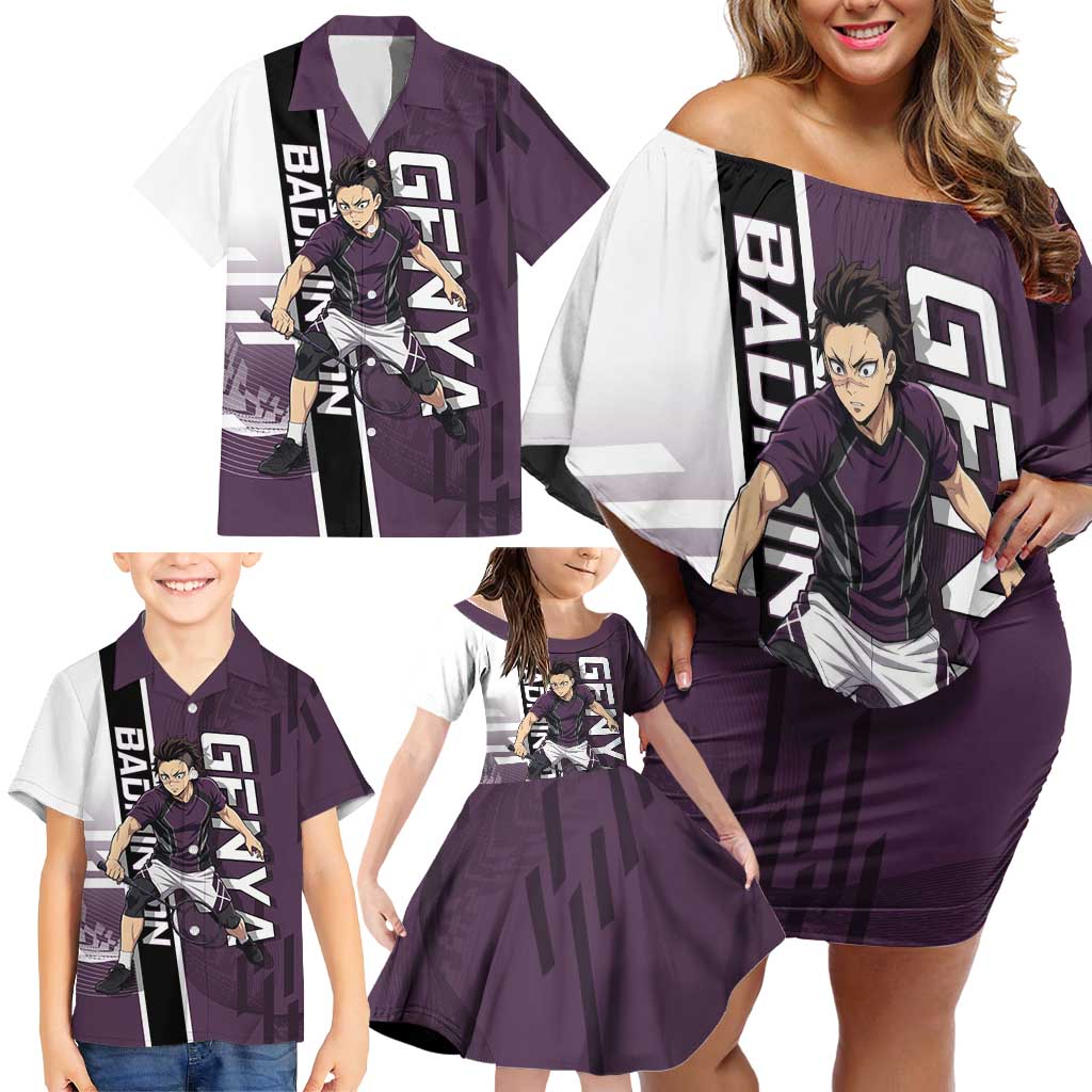 Personalized Shinazugawa Genya Demon Slayer Badminton Family Matching Off Shoulder Short Dress and Hawaiian Shirt with Racket Action Pose and Purple Black Graphic Design