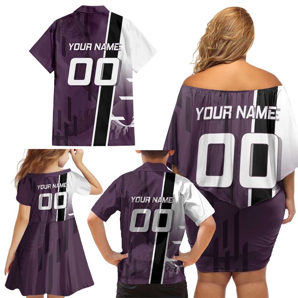 Personalized Shinazugawa Genya Demon Slayer Badminton Family Matching Off Shoulder Short Dress and Hawaiian Shirt with Racket Action Pose and Purple Black Graphic Design