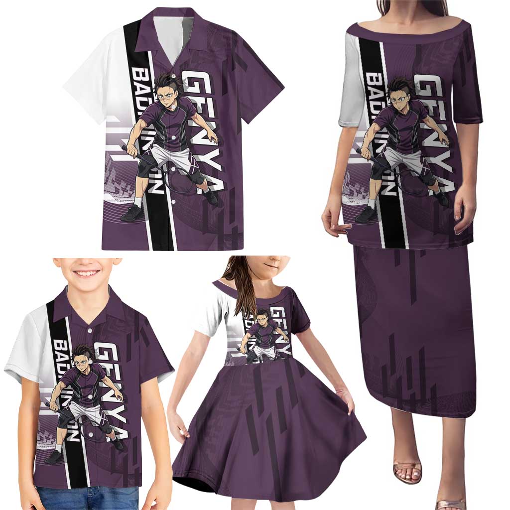 Personalized Shinazugawa Genya Demon Slayer Badminton Family Matching Puletasi and Hawaiian Shirt with Racket Action Pose and Purple Black Graphic Design