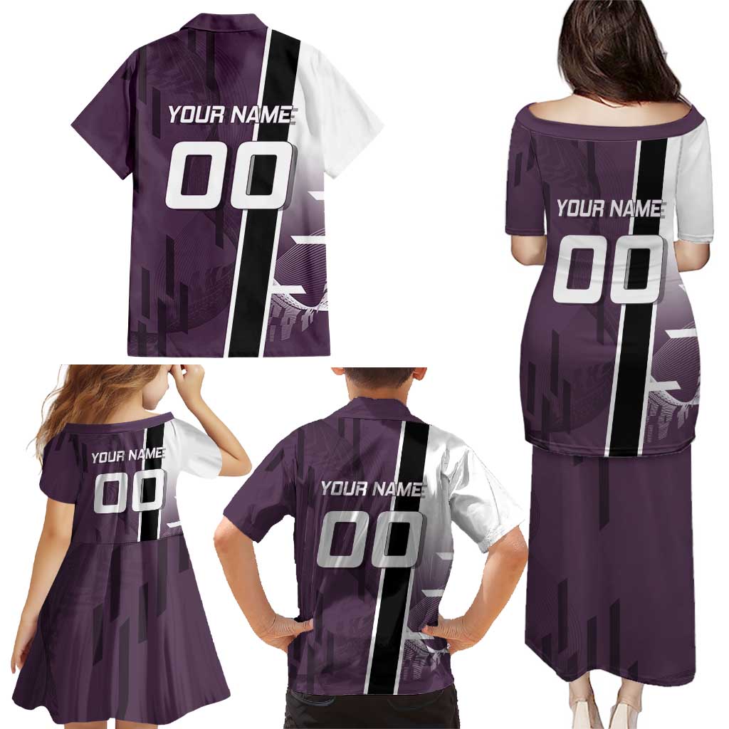 Personalized Shinazugawa Genya Demon Slayer Badminton Family Matching Puletasi and Hawaiian Shirt with Racket Action Pose and Purple Black Graphic Design