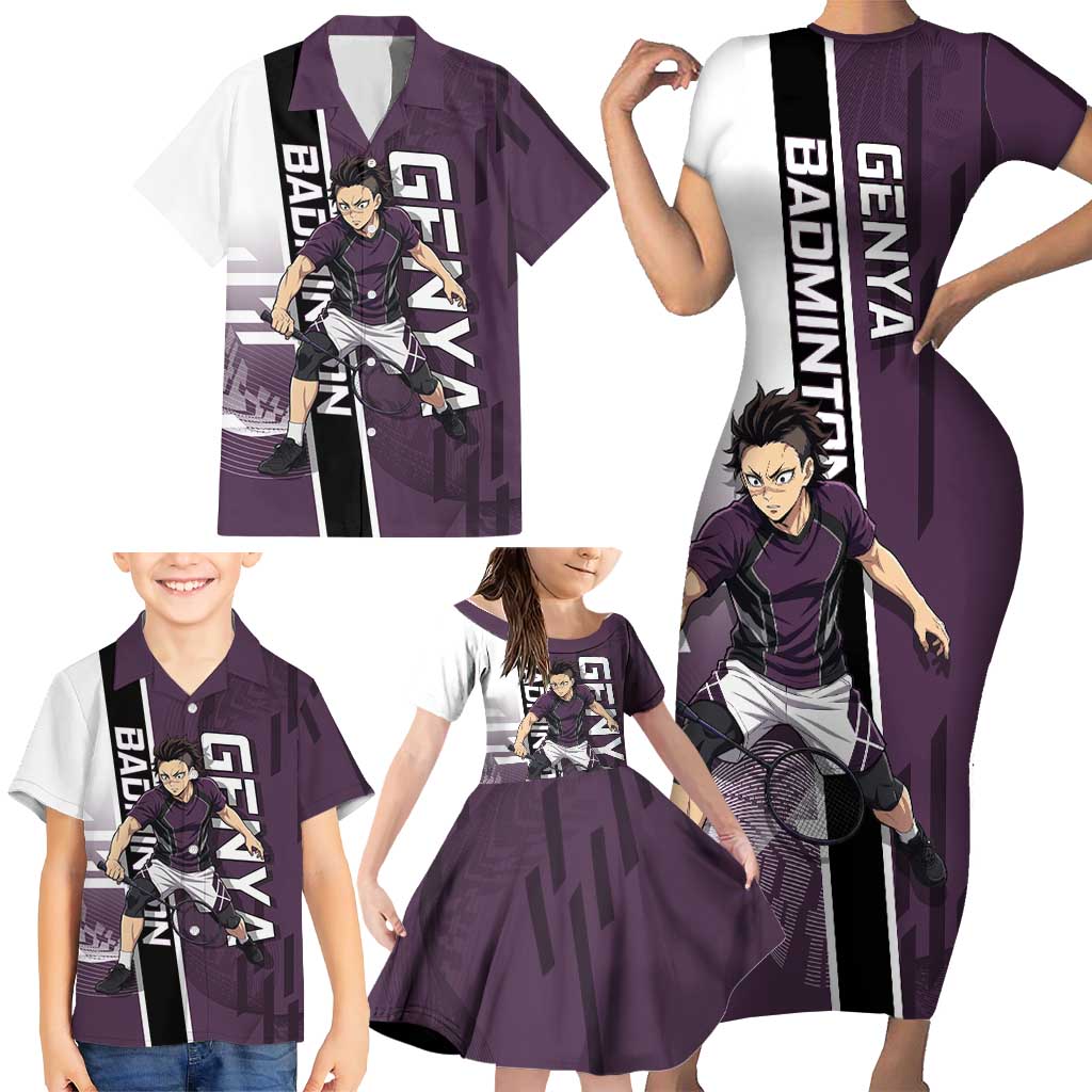 Personalized Shinazugawa Genya Demon Slayer Badminton Family Matching Short Sleeve Bodycon Dress and Hawaiian Shirt with Racket Action Pose and Purple Black Graphic Design