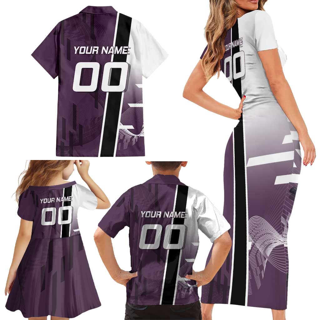 Personalized Shinazugawa Genya Demon Slayer Badminton Family Matching Short Sleeve Bodycon Dress and Hawaiian Shirt with Racket Action Pose and Purple Black Graphic Design