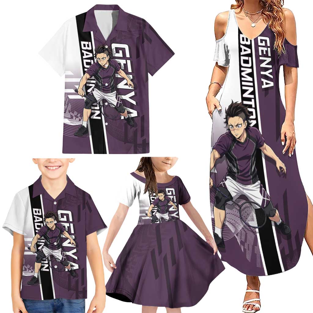 Personalized Shinazugawa Genya Demon Slayer Badminton Family Matching Summer Maxi Dress and Hawaiian Shirt with Racket Action Pose and Purple Black Graphic Design