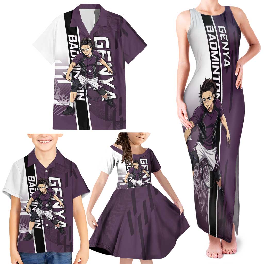 Personalized Shinazugawa Genya Demon Slayer Badminton Family Matching Tank Maxi Dress and Hawaiian Shirt with Racket Action Pose and Purple Black Graphic Design