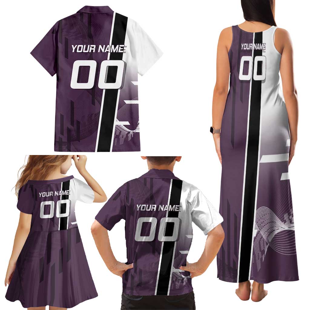 Personalized Shinazugawa Genya Demon Slayer Badminton Family Matching Tank Maxi Dress and Hawaiian Shirt with Racket Action Pose and Purple Black Graphic Design