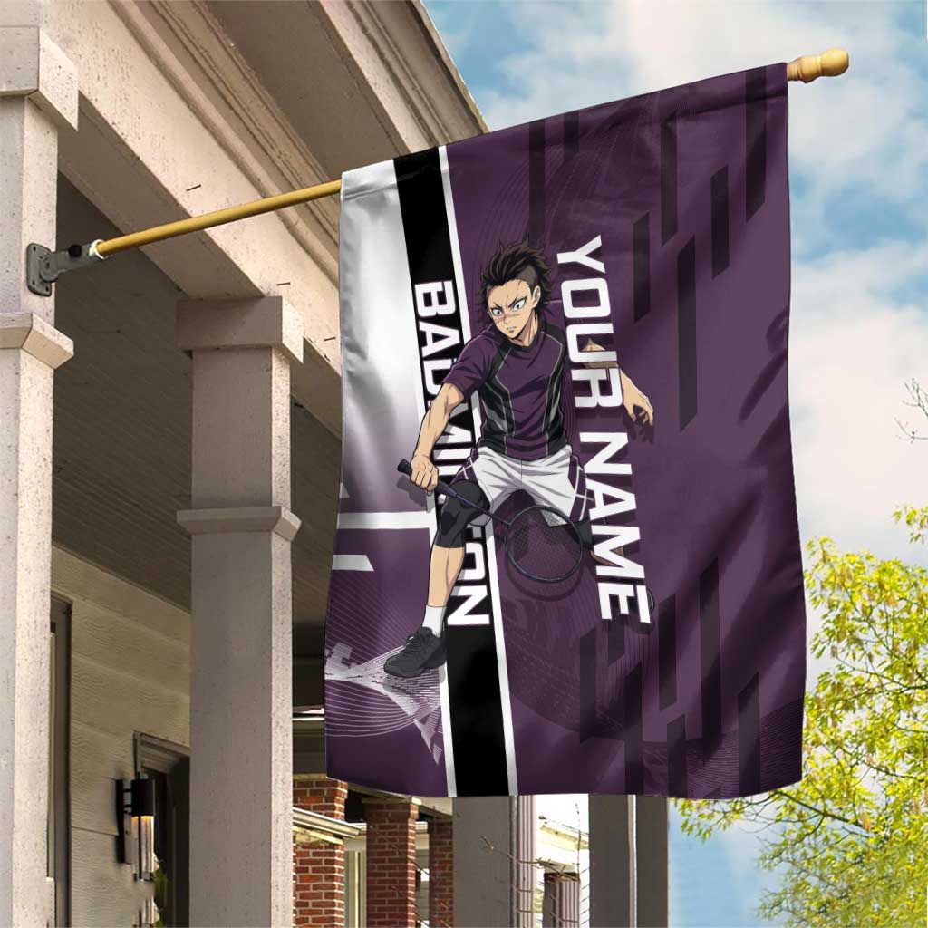 Personalized Shinazugawa Genya Demon Slayer Badminton Garden Flag with Racket Action Pose and Purple Black Graphic Design - The Mazicc