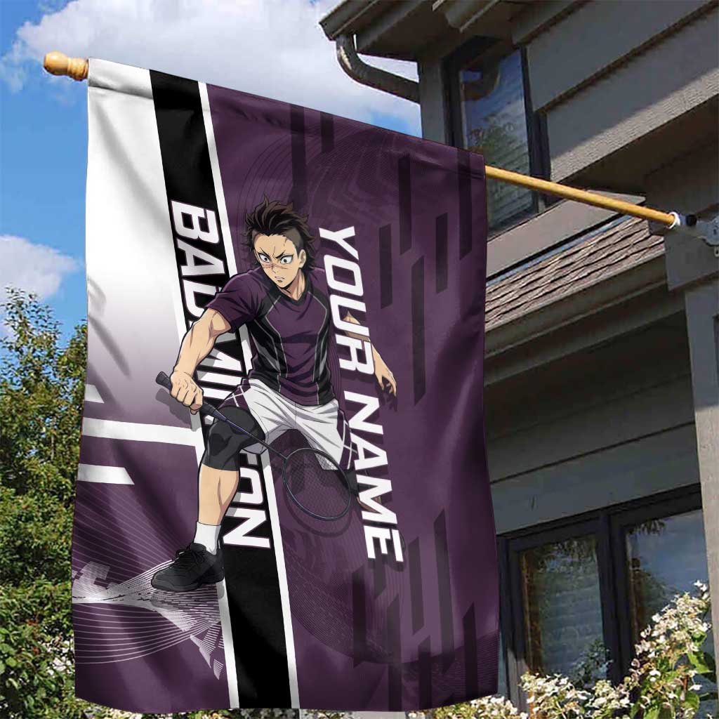 Personalized Shinazugawa Genya Demon Slayer Badminton Garden Flag with Racket Action Pose and Purple Black Graphic Design - The Mazicc