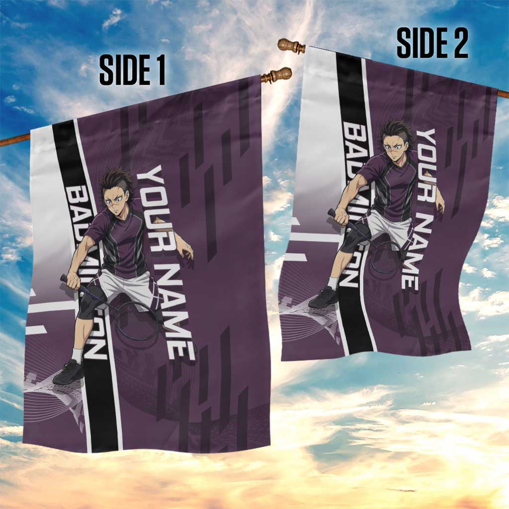 Personalized Shinazugawa Genya Demon Slayer Badminton Garden Flag with Racket Action Pose and Purple Black Graphic Design - The Mazicc