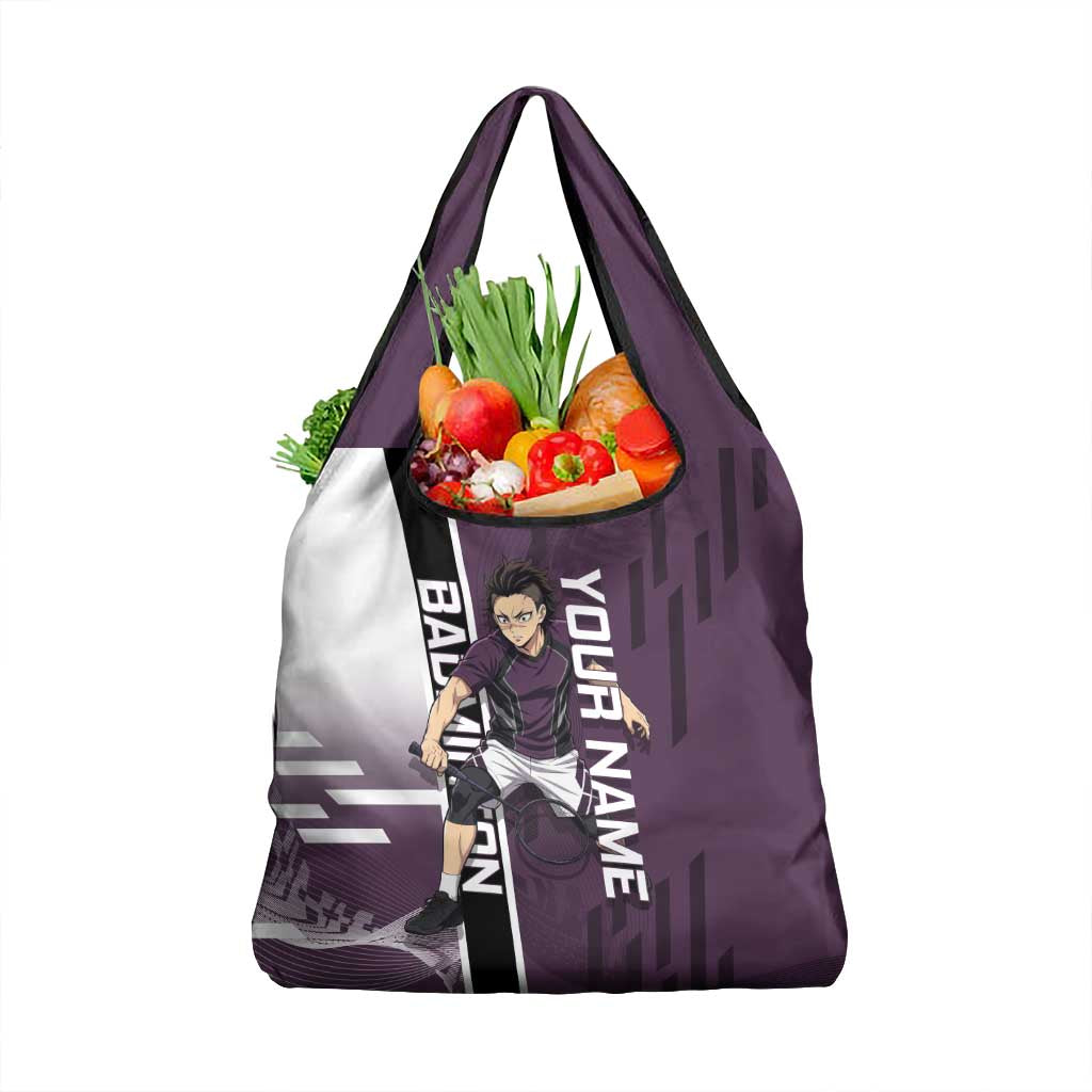 Personalized Shinazugawa Genya Demon Slayer Badminton Grocery Bag with Racket Action Pose and Purple Black Graphic Design - The Mazicc