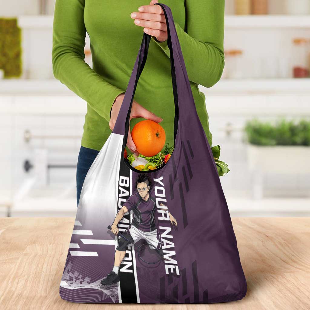 Personalized Shinazugawa Genya Demon Slayer Badminton Grocery Bag with Racket Action Pose and Purple Black Graphic Design - The Mazicc