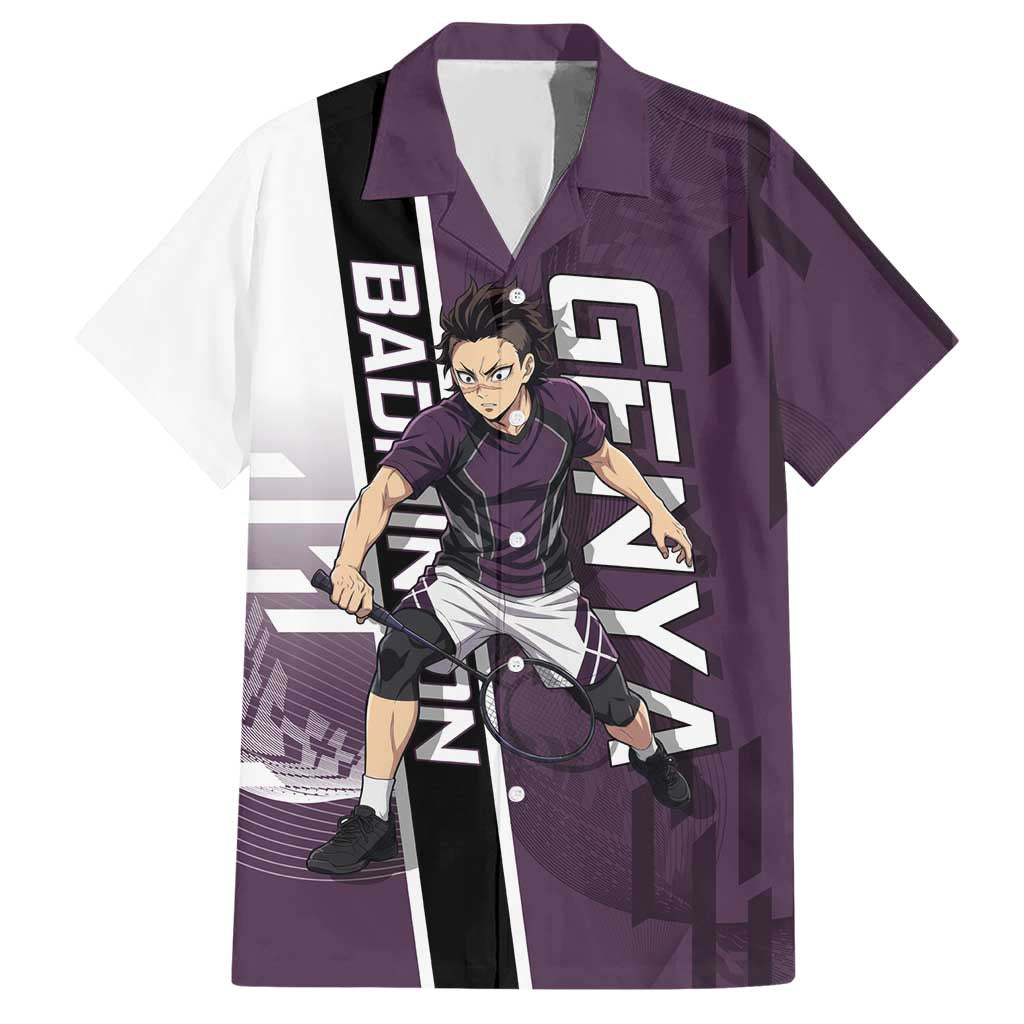 Personalized Shinazugawa Genya Demon Slayer Badminton Hawaiian Shirt with Racket Action Pose and Purple Black Graphic Design - The Mazicc