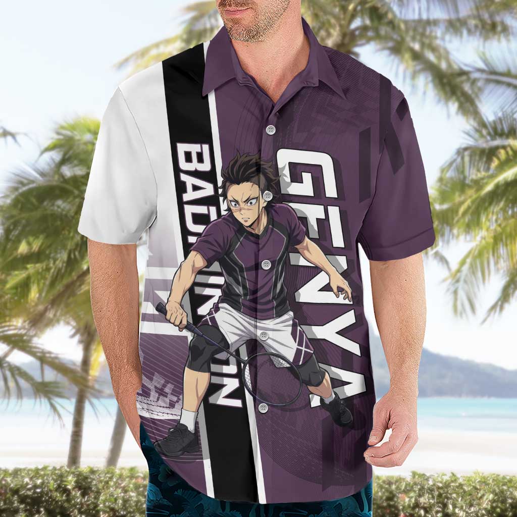 Personalized Shinazugawa Genya Demon Slayer Badminton Hawaiian Shirt with Racket Action Pose and Purple Black Graphic Design - The Mazicc