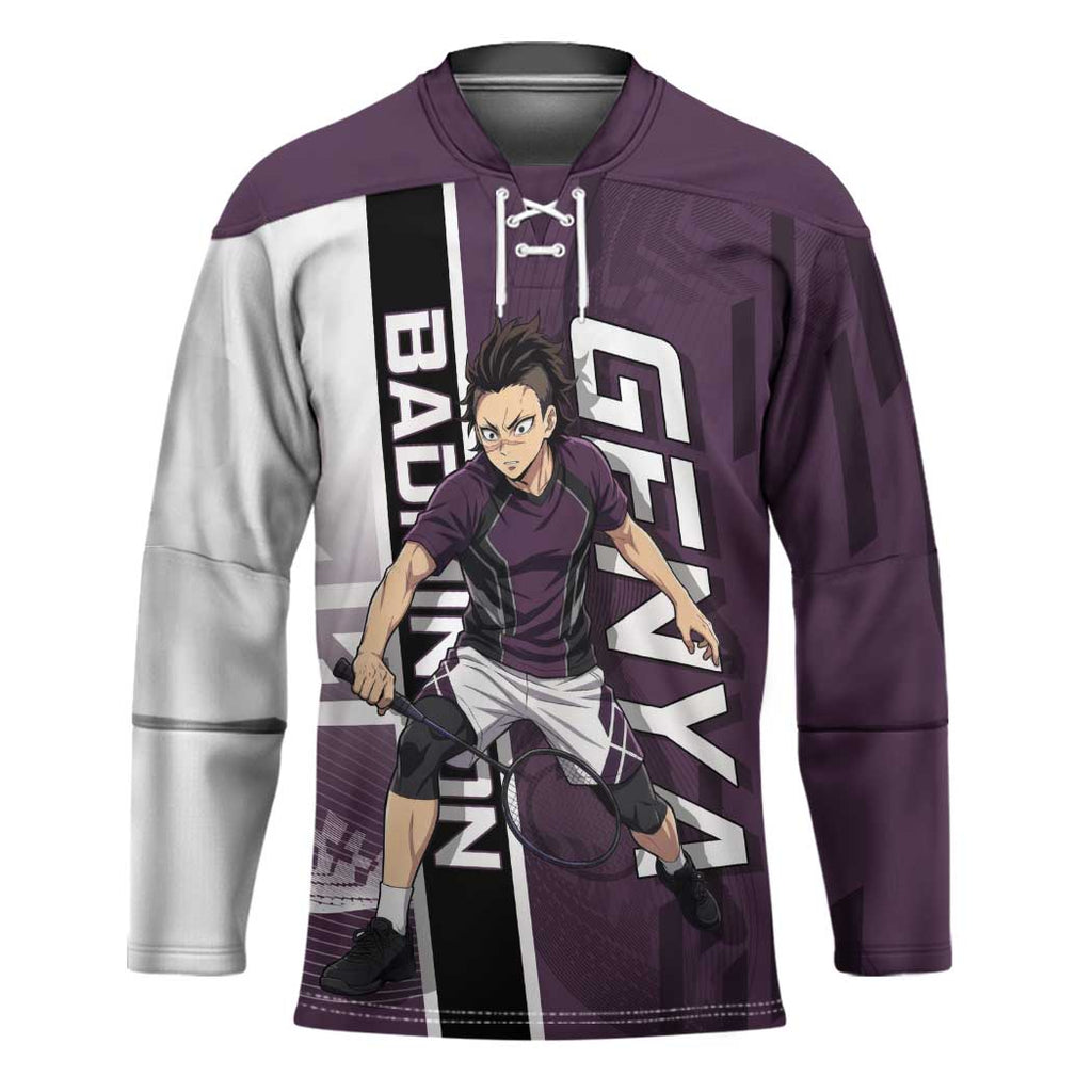 Personalized Shinazugawa Genya Demon Slayer Badminton Hockey Jersey with Racket Action Pose and Purple Black Graphic Design - The Mazicc
