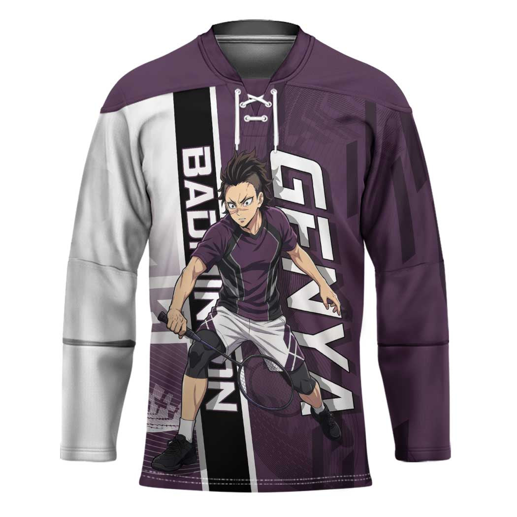 Personalized Shinazugawa Genya Demon Slayer Badminton Hockey Jersey with Racket Action Pose and Purple Black Graphic Design - The Mazicc