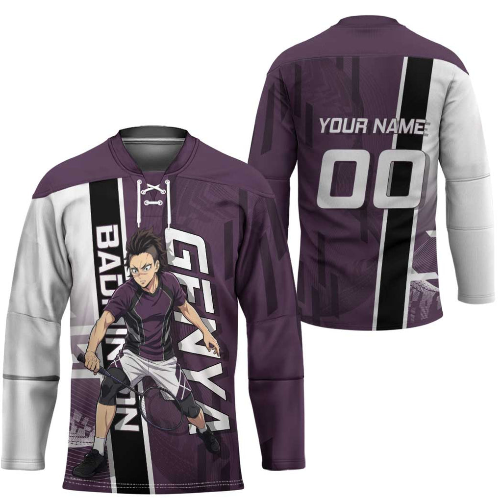 Personalized Shinazugawa Genya Demon Slayer Badminton Hockey Jersey with Racket Action Pose and Purple Black Graphic Design - The Mazicc