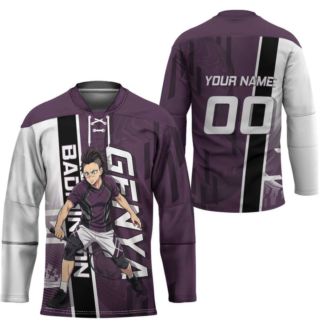 Personalized Shinazugawa Genya Demon Slayer Badminton Hockey Jersey with Racket Action Pose and Purple Black Graphic Design - The Mazicc