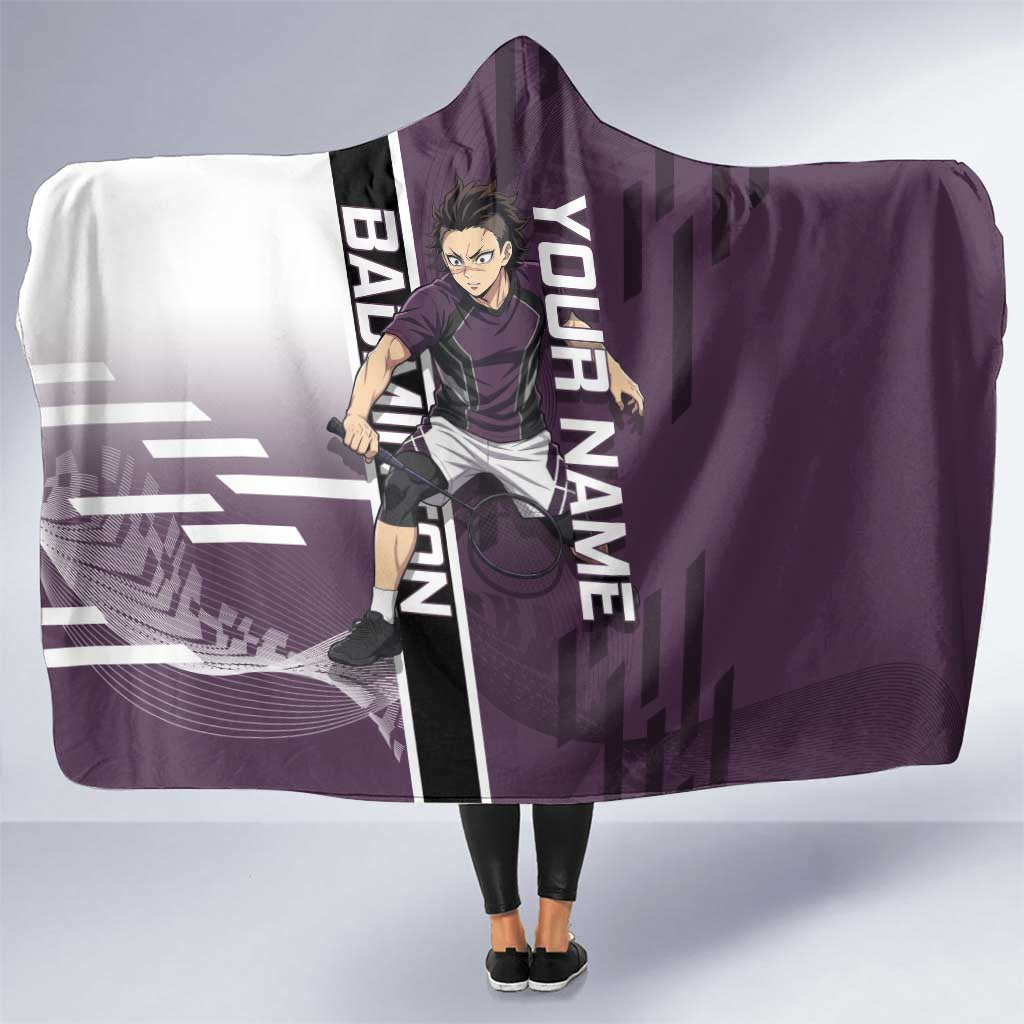 Personalized Shinazugawa Genya Demon Slayer Badminton Hooded Blanket with Racket Action Pose and Purple Black Graphic Design - The Mazicc