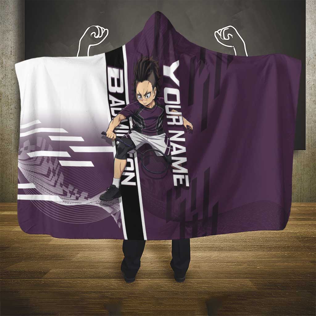 Personalized Shinazugawa Genya Demon Slayer Badminton Hooded Blanket with Racket Action Pose and Purple Black Graphic Design - The Mazicc