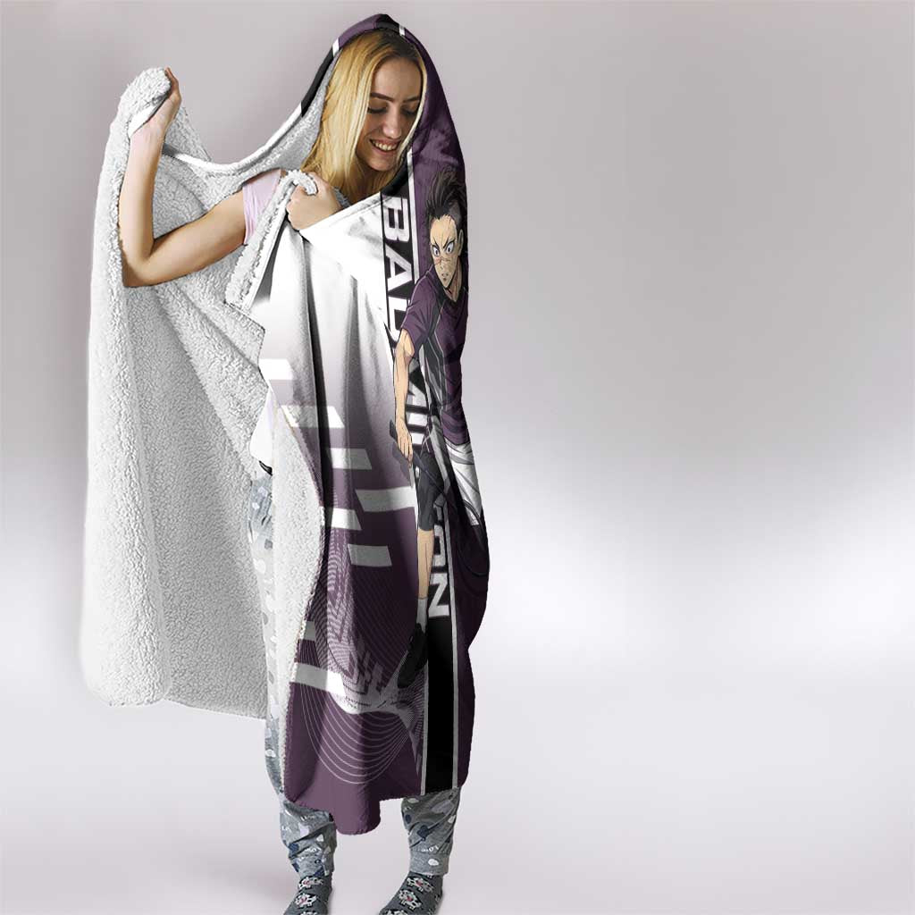 Personalized Shinazugawa Genya Demon Slayer Badminton Hooded Blanket with Racket Action Pose and Purple Black Graphic Design - The Mazicc