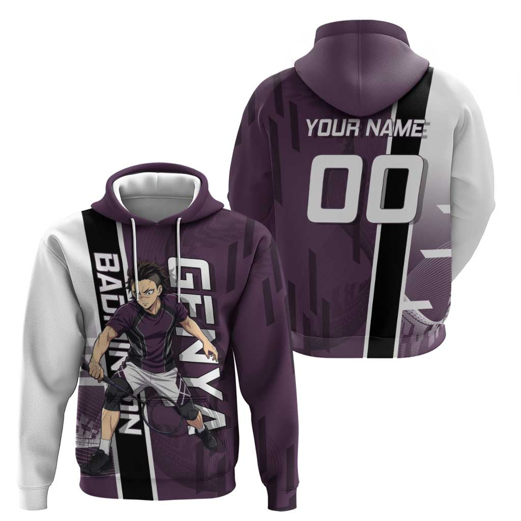 Personalized Shinazugawa Genya Demon Slayer Badminton Hoodie with Racket Action Pose and Purple Black Graphic Design - The Mazicc