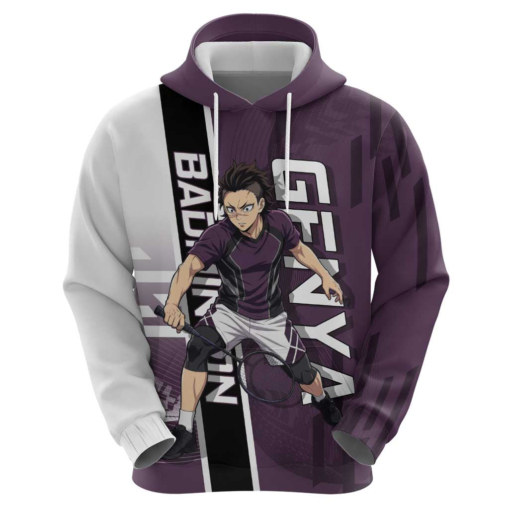 Personalized Shinazugawa Genya Demon Slayer Badminton Hoodie with Racket Action Pose and Purple Black Graphic Design - The Mazicc