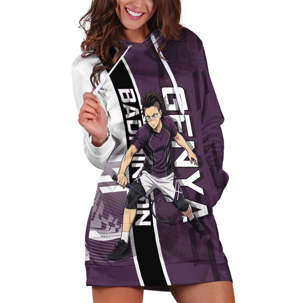 Personalized Shinazugawa Genya Demon Slayer Badminton Hoodie Dress with Racket Action Pose and Purple Black Graphic Design - The Mazicc