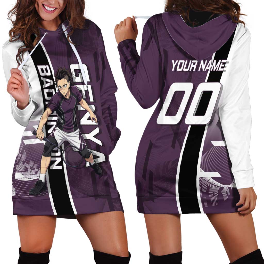 Personalized Shinazugawa Genya Demon Slayer Badminton Hoodie Dress with Racket Action Pose and Purple Black Graphic Design - The Mazicc
