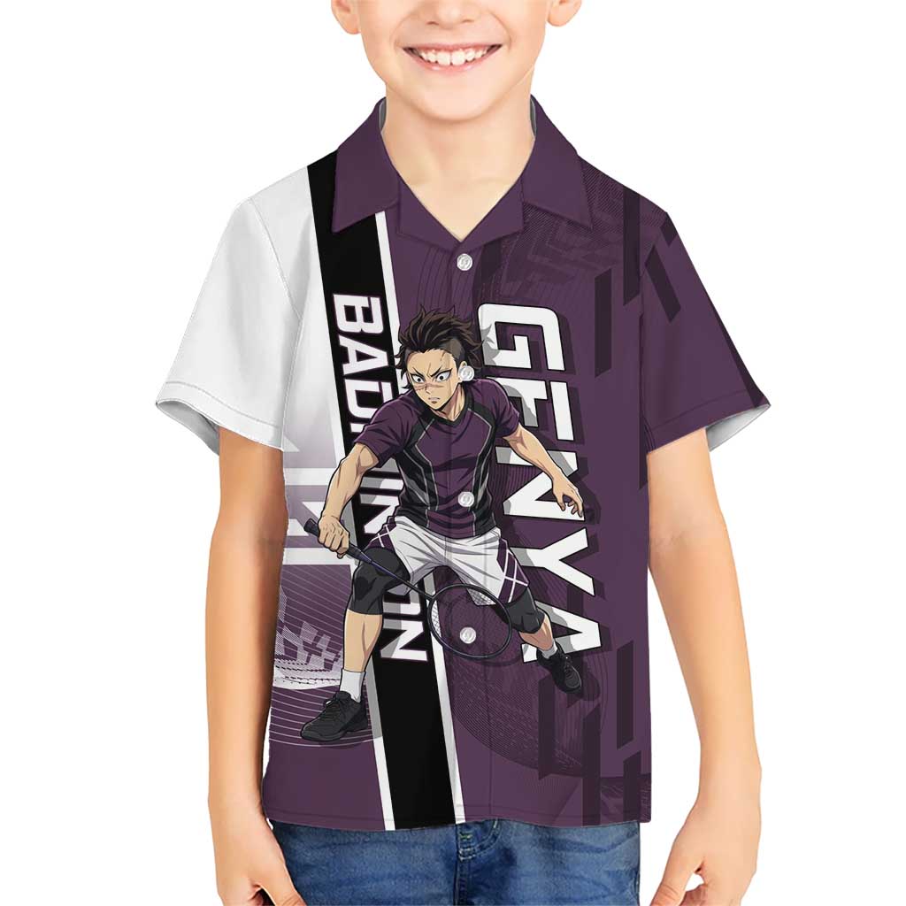 Personalized Shinazugawa Genya Demon Slayer Badminton Kid Hawaiian Shirt with Racket Action Pose and Purple Black Graphic Design - The Mazicc