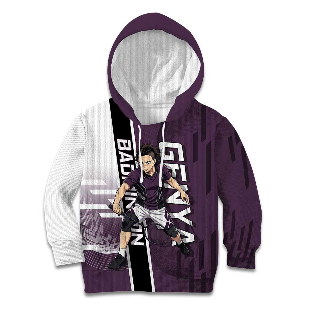 Personalized Shinazugawa Genya Demon Slayer Badminton Kid Hoodie with Racket Action Pose and Purple Black Graphic Design - The Mazicc