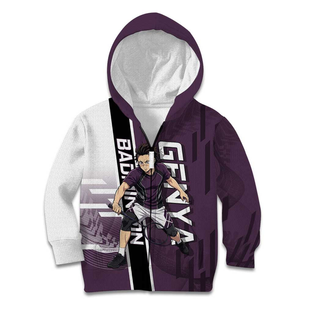 Personalized Shinazugawa Genya Demon Slayer Badminton Kid Hoodie with Racket Action Pose and Purple Black Graphic Design - The Mazicc