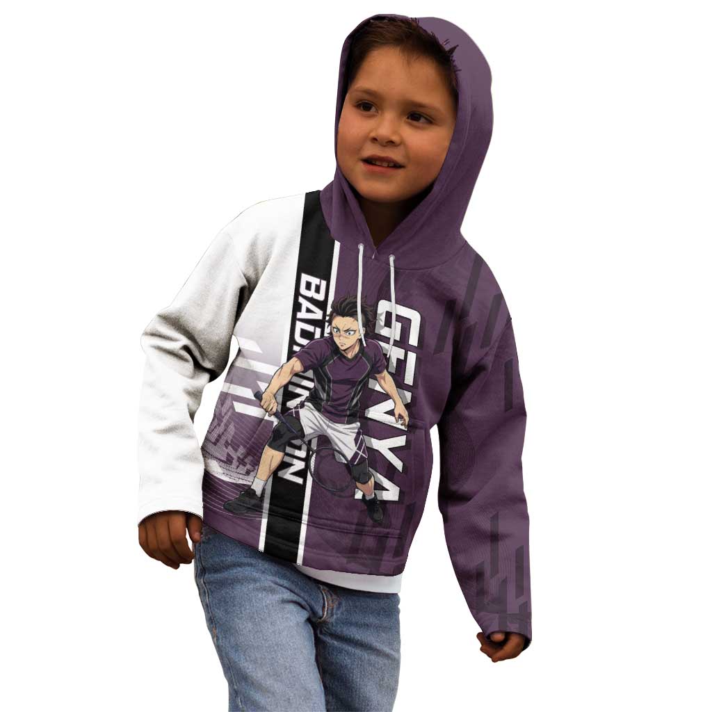 Personalized Shinazugawa Genya Demon Slayer Badminton Kid Hoodie with Racket Action Pose and Purple Black Graphic Design - The Mazicc