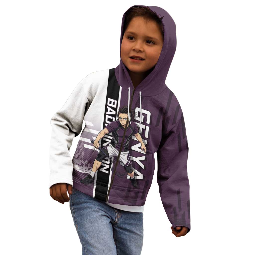 Personalized Shinazugawa Genya Demon Slayer Badminton Kid Hoodie with Racket Action Pose and Purple Black Graphic Design - The Mazicc