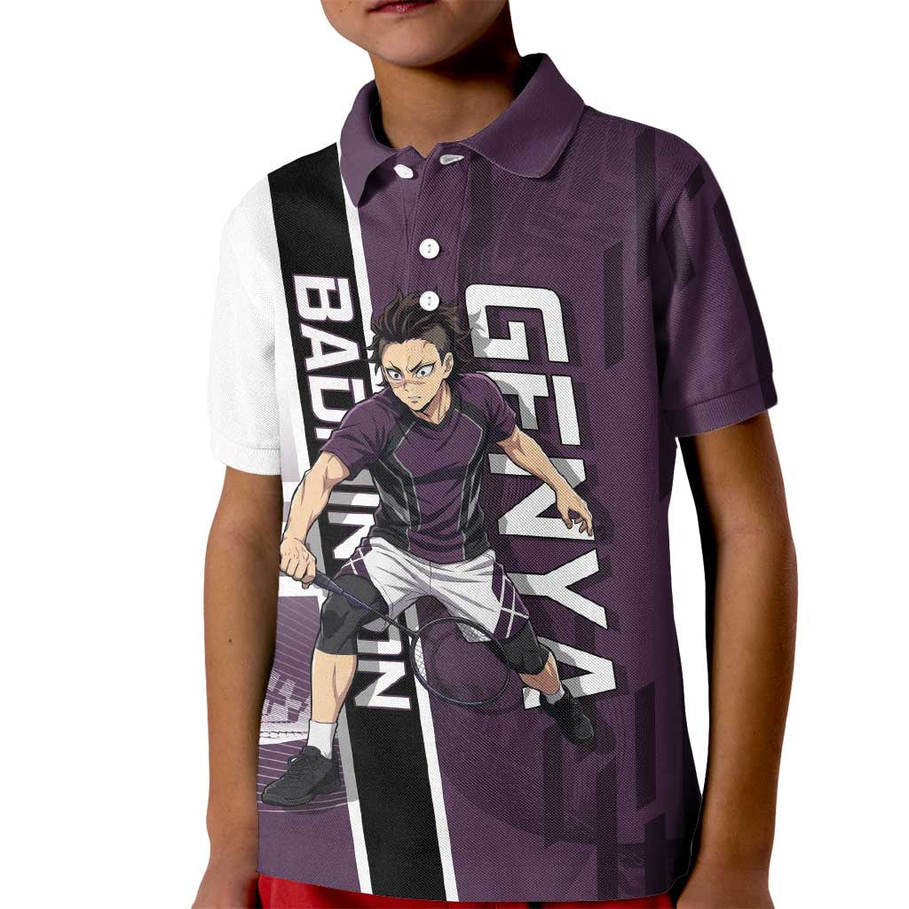Personalized Shinazugawa Genya Demon Slayer Badminton Kid Polo Shirt with Racket Action Pose and Purple Black Graphic Design - The Mazicc
