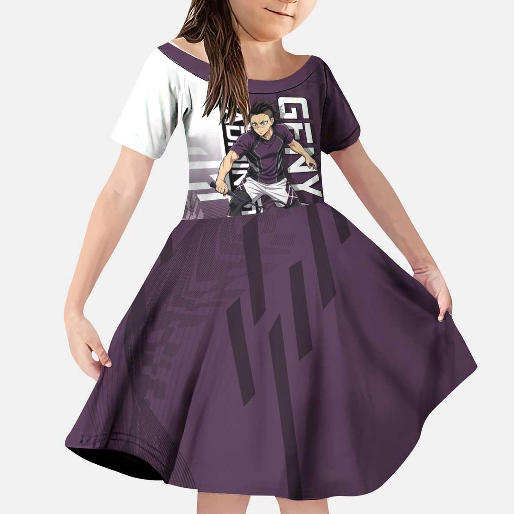 Personalized Shinazugawa Genya Demon Slayer Badminton Kid Short Sleeve Dress with Racket Action Pose and Purple Black Graphic Design - The Mazicc