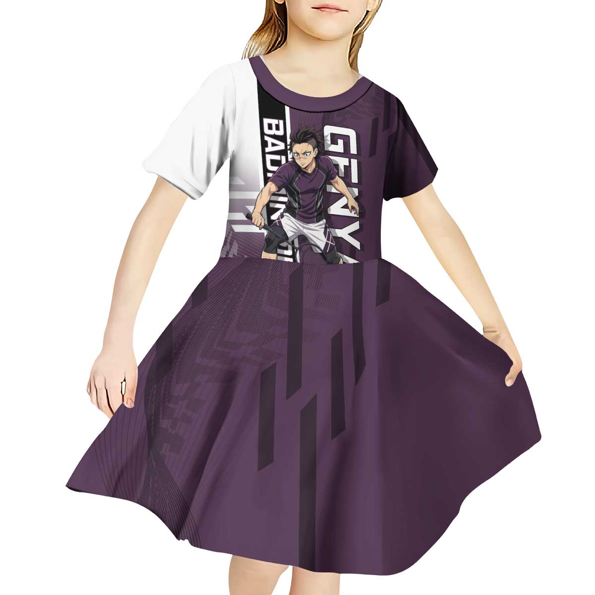 Personalized Shinazugawa Genya Demon Slayer Badminton Kid Short Sleeve Dress with Racket Action Pose and Purple Black Graphic Design - The Mazicc