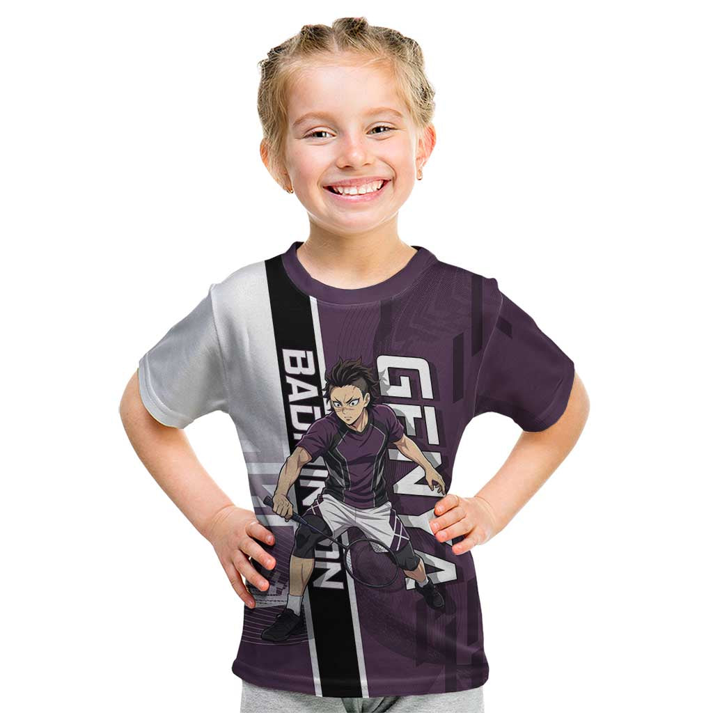 Personalized Shinazugawa Genya Demon Slayer Badminton Kid T Shirt with Racket Action Pose and Purple Black Graphic Design - The Mazicc