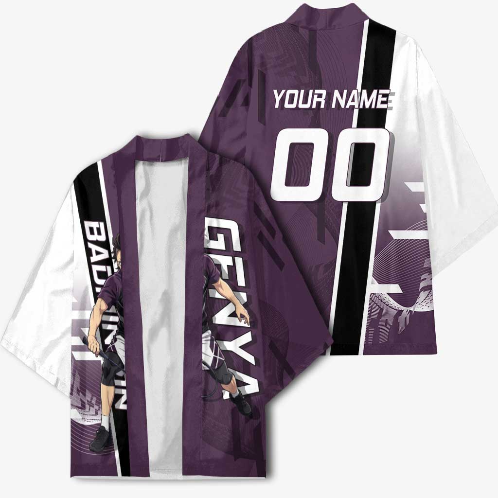 Personalized Shinazugawa Genya Demon Slayer Badminton Kimono with Racket Action Pose and Purple Black Graphic Design - The Mazicc